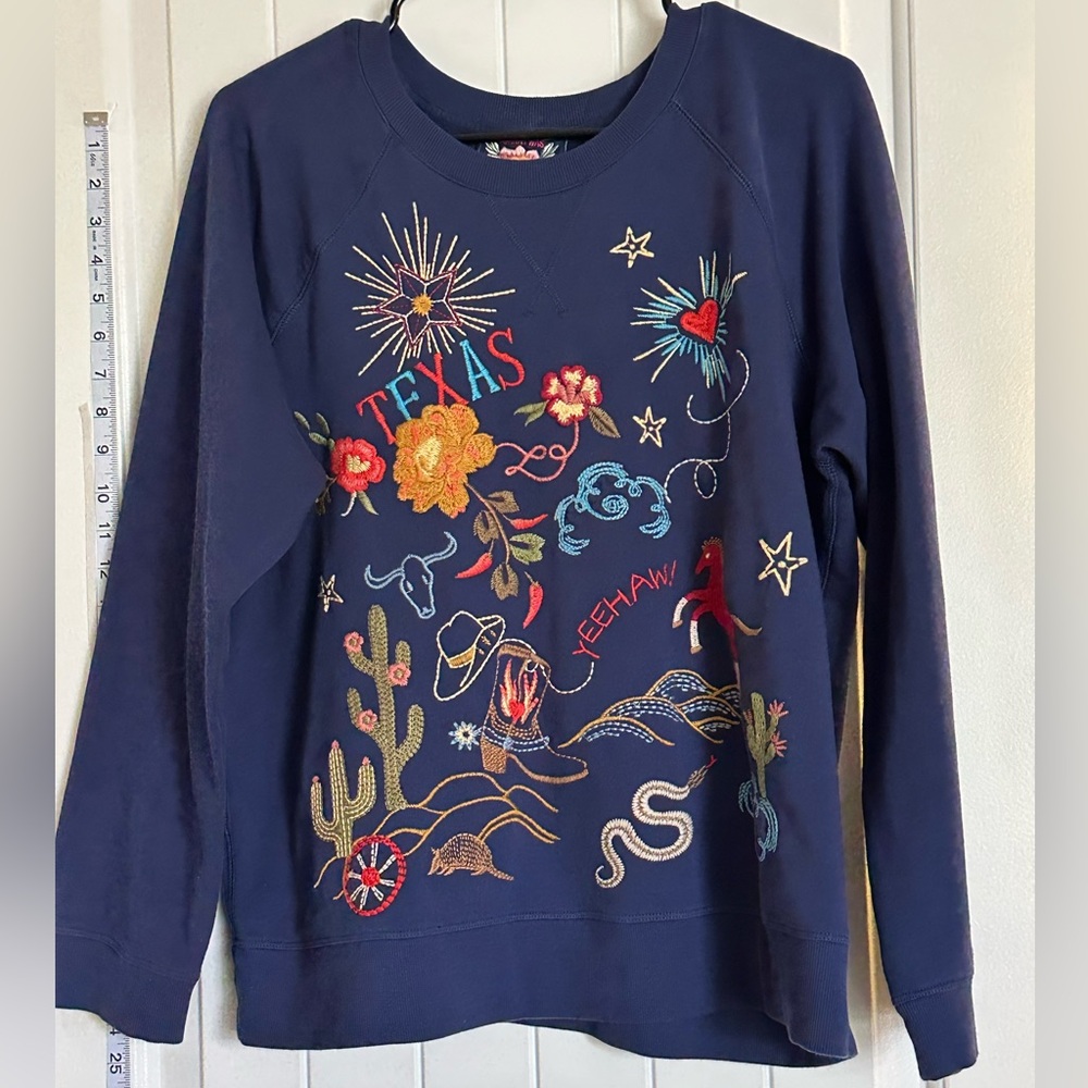 Johnny Was L- Navy Embroidered Texas Sweatshirt